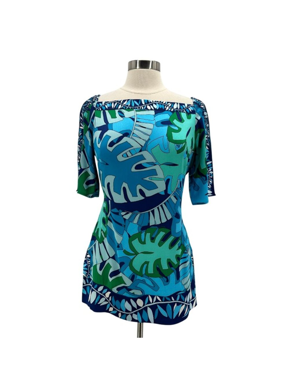 Bebe Womens Medium Top Silk Leaf Pattern Boat Neck Blue Green Blouse Tropical